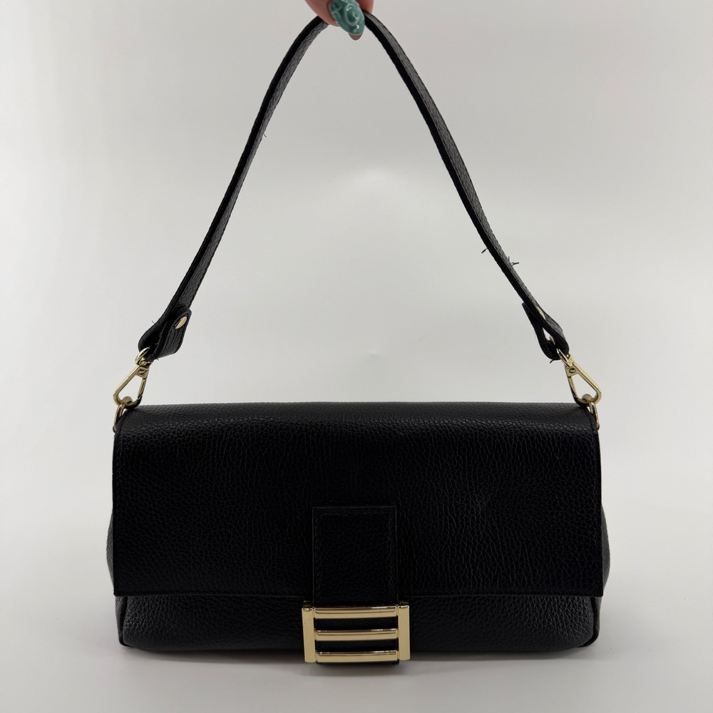 Divina Firenze Black Pebbled Leather Shoulder Bag Gold Hardware Made in Italy